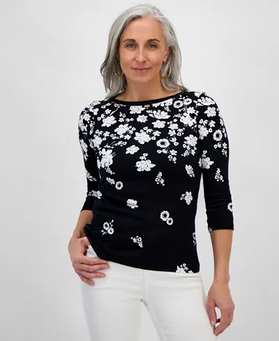 Style & Co Petite Raining Flower Pima Cotton Top, Created For Macy's In Deep Black Cmb