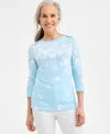 Style & Co Petite Raining Flower Pima Cotton Top, Created For Macy's In Dream Blue Cmb