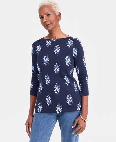 Style & Co Petite Relaxed Fit Long-sleeve Boat Neck Knit Top In Blue
