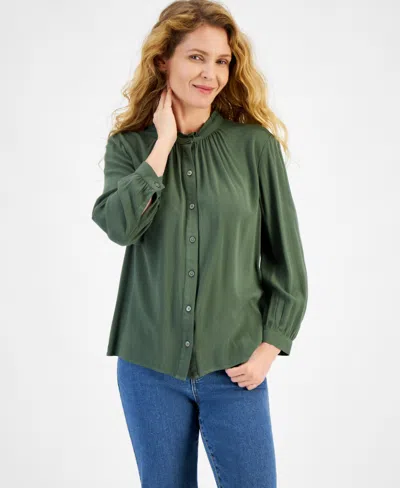 Style & Co Women's Ruffle Hem Long-sleeve Button-front Top, Exclusively At Macy's In Palmetto