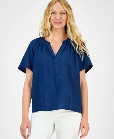 Style & Co Petite Ruffle-trim Cotton Top, Exclusively At Macy's In Blue