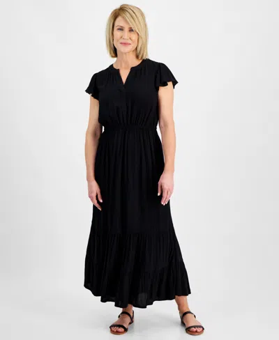 Style & Co Petite Iris Dreams Ruffled Tiered Maxi Dress, Created For Macy's In Deep Black