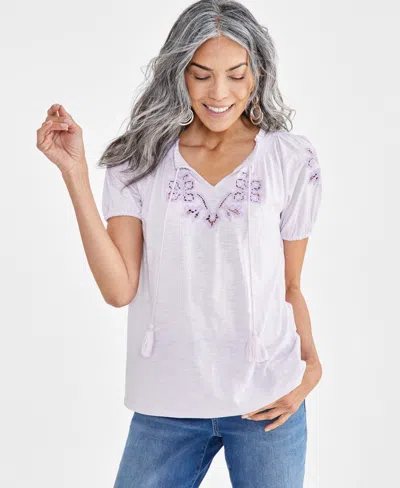 Style & Co Petite Sandy Embroidery Vacay Top, Created For Macy's In Sandy Lavender