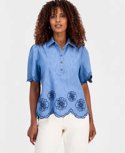 Style & Co Petite Scallop Embroidered Collared Shirt Top, Macy's Exclusive In Blue