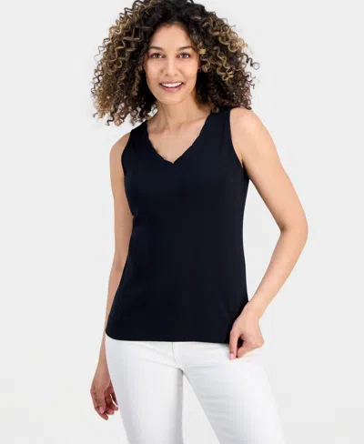 Style & Co Petite Scalloped V-neck Tank Top, Macy's Exclusive In Black
