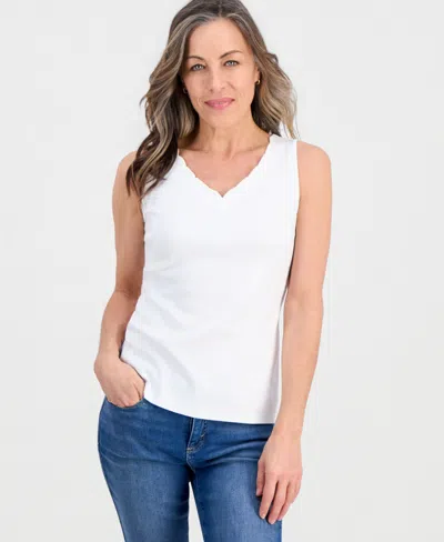 Style & Co Petite Scalloped V-neck Tank Top, Macy's Exclusive In White
