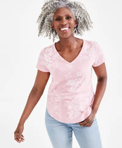 Style & Co Petite Scarf Printed V-neck Perfect T-shirt, Created For Macy's In Pink Scarf