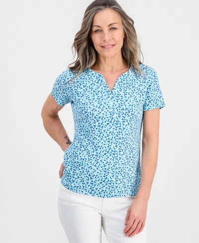 Style & Co Petite Scattered Buds Henley Short-sleeve T-shirt, Macy's Exclusive In Blue