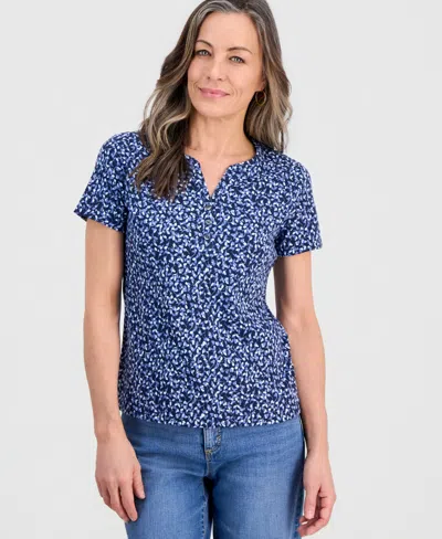 Style & Co Petite Scattered Buds Henley Short-sleeve T-shirt, Macy's Exclusive In Blue
