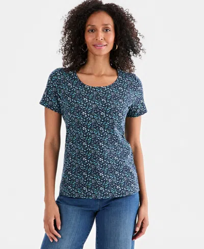 Style & Co Petite Scoop Neck Kiss Of Flora T-shirt, Macy's Exclusive In Blue