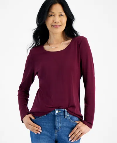 Style & Co Women's Cotton Long-sleeve Scoop-neck Top, Created For Macy's In Berried Treasur