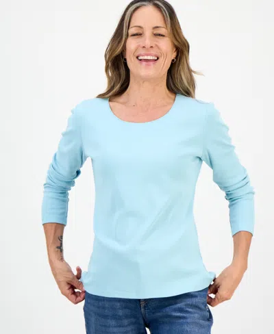 Style & Co Petite Scoop-neck Long-sleeve Cotton Top, Created For Macy's In Blue