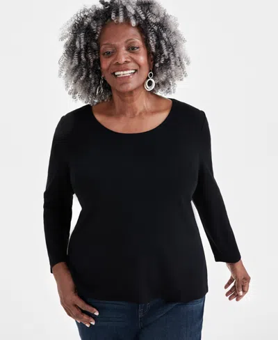 Style & Co Women's Cotton Long-sleeve Scoop-neck Top, Created For Macy's In Deep Black