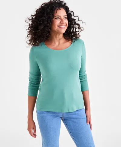 STYLE & CO PETITE SCOOP-NECK LONG-SLEEVE COTTON TOP, CREATED FOR MACY'S