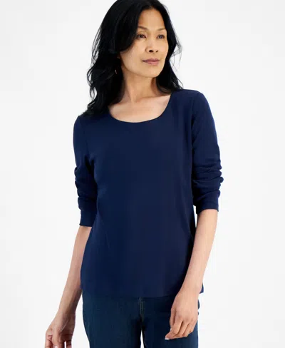 Style & Co Women's Cotton Long-sleeve Scoop-neck Top, Created For Macy's In Industrial Blue