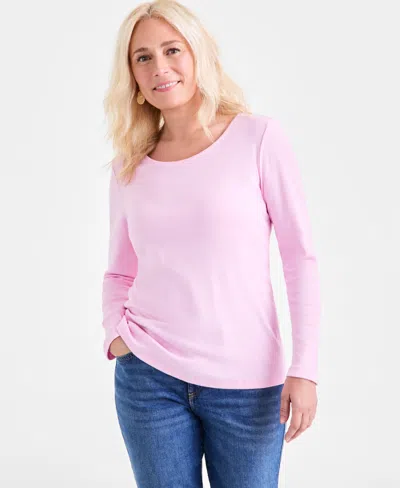 Style & Co Petite Scoop-neck Long-sleeve Cotton Top, Created For Macy's In Pink