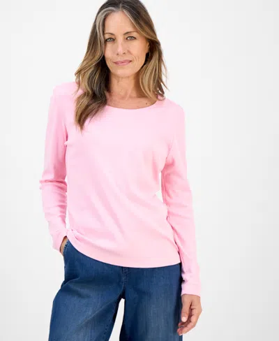 Style & Co Petite Scoop-neck Long-sleeve Cotton Top, Created For Macy's In Pink