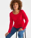 Style & Co Petite Scoop-neck Long-sleeve Cotton Top, Created For Macy's In Red