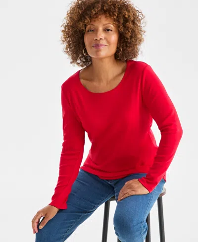 Style & Co Petite Scoop-neck Long-sleeve Cotton Top, Created For Macy's In Red