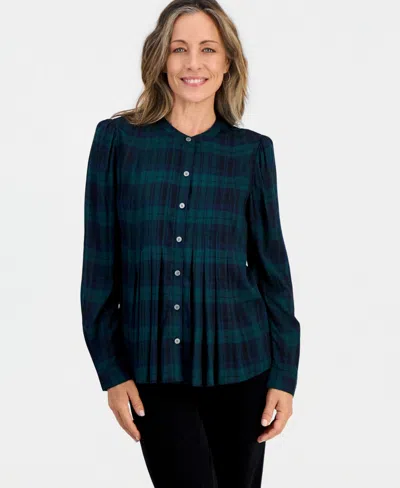 Style & Co Petite Scott Plaid Button-up Pleated Blouse, Macy's Exclusive In Green