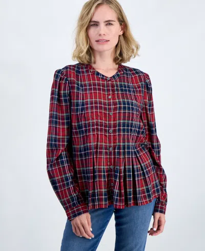 Style & Co Petite Scott Plaid Button-up Pleated Blouse, Macy's Exclusive In Multi