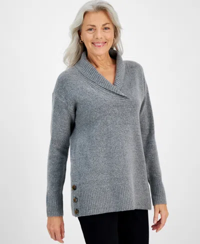 STYLE & CO PETITE SHAWL-COLLAR BUTTON-TRIM TUNIC SWEATER, CREATED FOR MACY'S