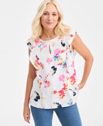 STYLE & CO PETITE SHORT FLUTTER-SLEEVE PRINTED TOP