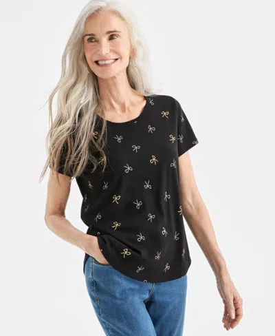 Style & Co Petite Short Sleeve Bow Print Top, Macy's Exclusive In Black