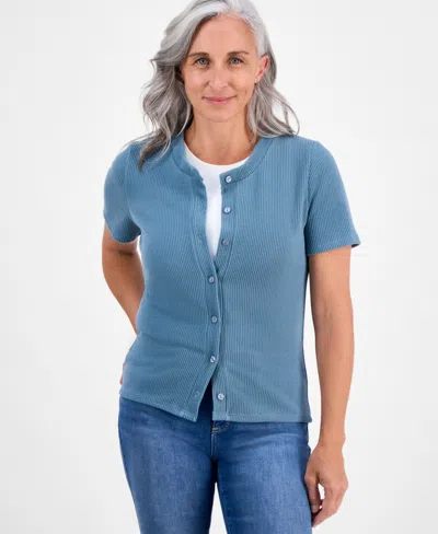 Style & Co Petite Short-sleeve Crewneck Cardigan, Macy's Exclusive In Blue