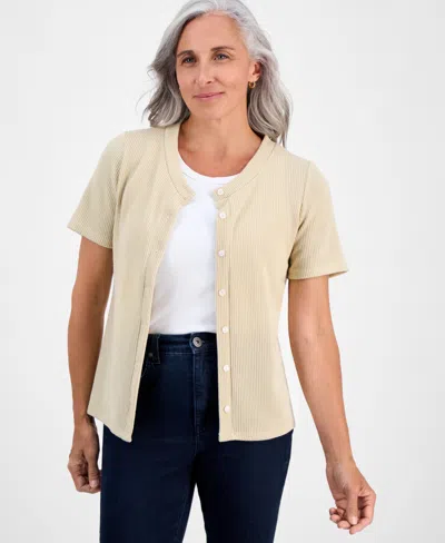 Style & Co Petite Short-sleeve Crewneck Cardigan, Macy's Exclusive In Gray