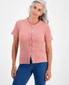 Style & Co Petite Short-sleeve Crewneck Cardigan, Macy's Exclusive In Pink