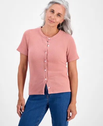 Style & Co Petite Short-sleeve Crewneck Cardigan, Macy's Exclusive In Pink
