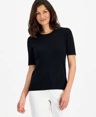 Style & Co Petite Short-sleeve Cable Crewneck Sweater, Macy's Exclusive In Deep Black