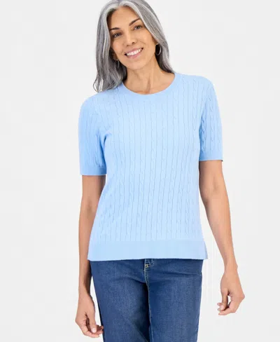 Style & Co Petite Short-sleeve Cable Crewneck Sweater, Macy's Exclusive In Pretty Peri