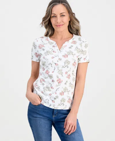 Style & Co Petite Short-sleeve Henley Knit Poetic Floral T-shirt, Macy's Exclusive In Multi