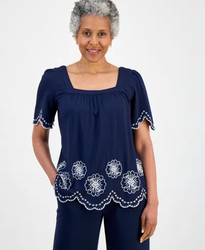Style & Co Petite Short-sleeve Scalloped Embroidered Knit Top, Macy's Exclusive In Blue