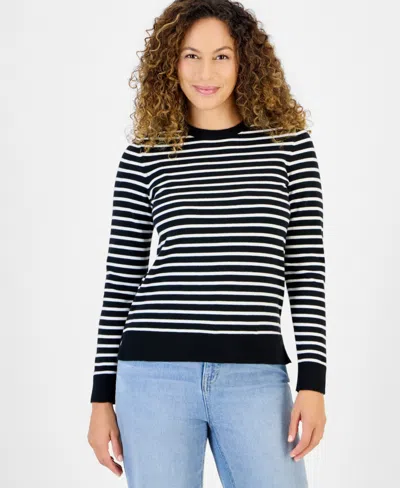 Style & Co Petite Simple Stripe Crewneck Pullover Sweater, Macy's Exclusive In Black
