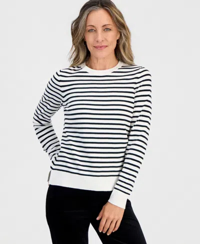 Style & Co Petite Simple Stripe Crewneck Pullover Sweater, Macy's Exclusive In White