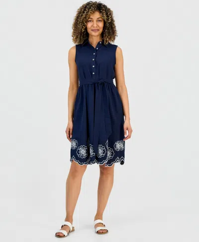 Style & Co Petite Sleeveless Scalloped-hem Shirtdress, Macy's Exclusive In Multi