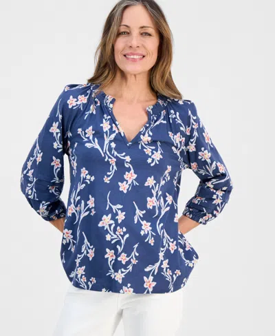 Style & Co Petite Smock-neck Floral-print Blouse, Macy's Exclusive In Blue
