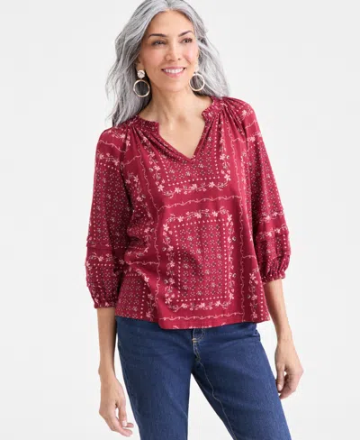 Style & Co Petite Smock-neck Floral-print Blouse, Macy's Exclusive In Red