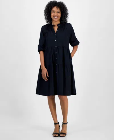 Style & Co Petite Smocked 3/4-sleeve Tiered Shirtdress, Exclusively At Macy's In Deep Black