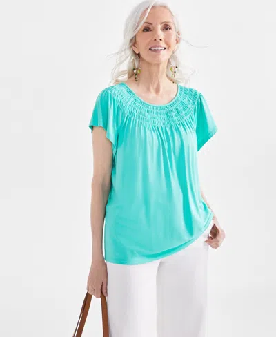 Style & Co Petite Smocked-neck Flutter-sleeve Top, Created For Macy's In Virgo Green
