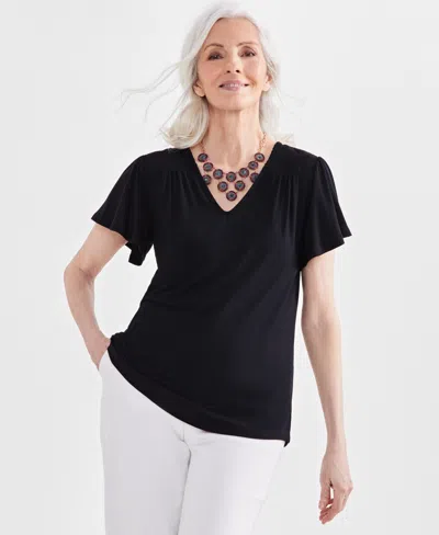 Style & Co Petite Smocked-shoulder V-neck Flutter-sleeve Top, Created For Macy's In Deep Black