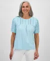 Style & Co Petite Solid Applique Cotton Short-sleeve Blouse, Exclusively At Macy's In Aqua Water