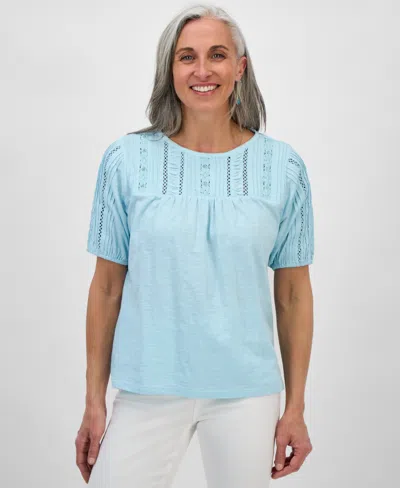 Style & Co Petite Solid Applique Cotton Short-sleeve Blouse, Exclusively At Macy's In Aqua Water