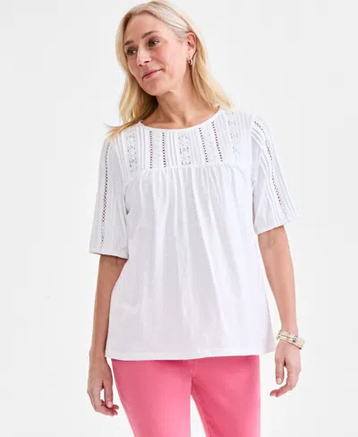 Style & Co Petite Solid Applique Cotton Short-sleeve Blouse, Exclusively At Macy's In Bright White