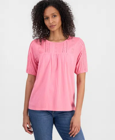 Style & Co Petite Solid Applique Cotton Short-sleeve Blouse, Exclusively At Macy's