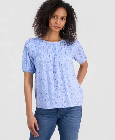 Style & Co Petite Solid Applique Cotton Short-sleeve Blouse, Exclusively At Macy's