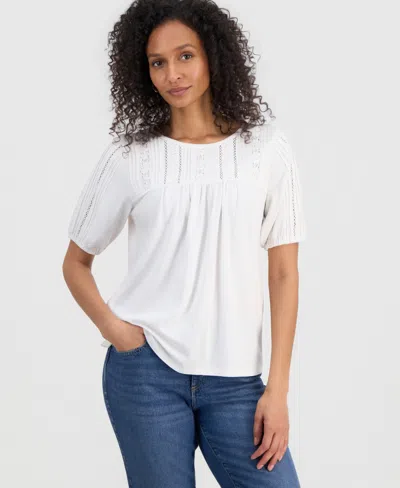 Style & Co Petite Solid Applique Cotton Short-sleeve Blouse, Exclusively At Macy's In Brown